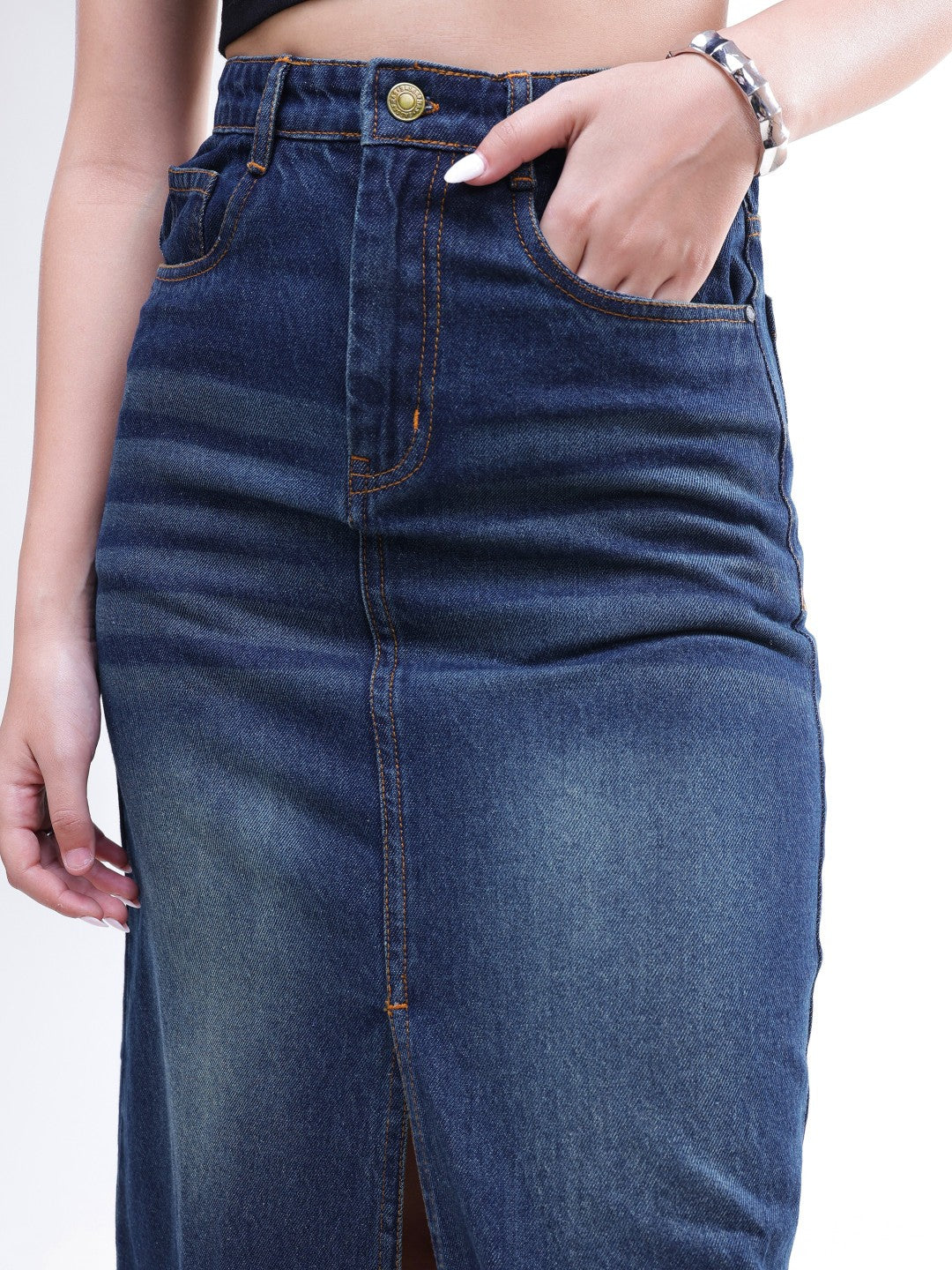 Women Blue Whisker Denim Front Slit Midi Skirt