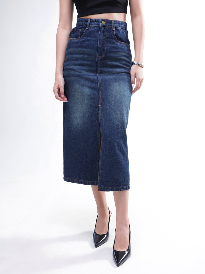Women Blue Whisker Denim Front Slit Midi Skirt