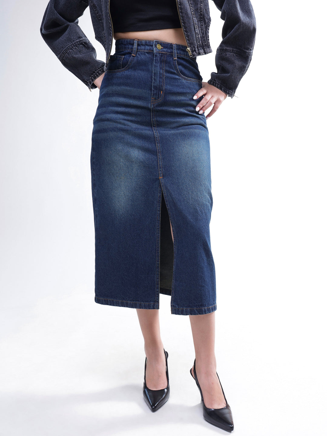 Women Blue Whisker Denim Front Slit Midi Skirt