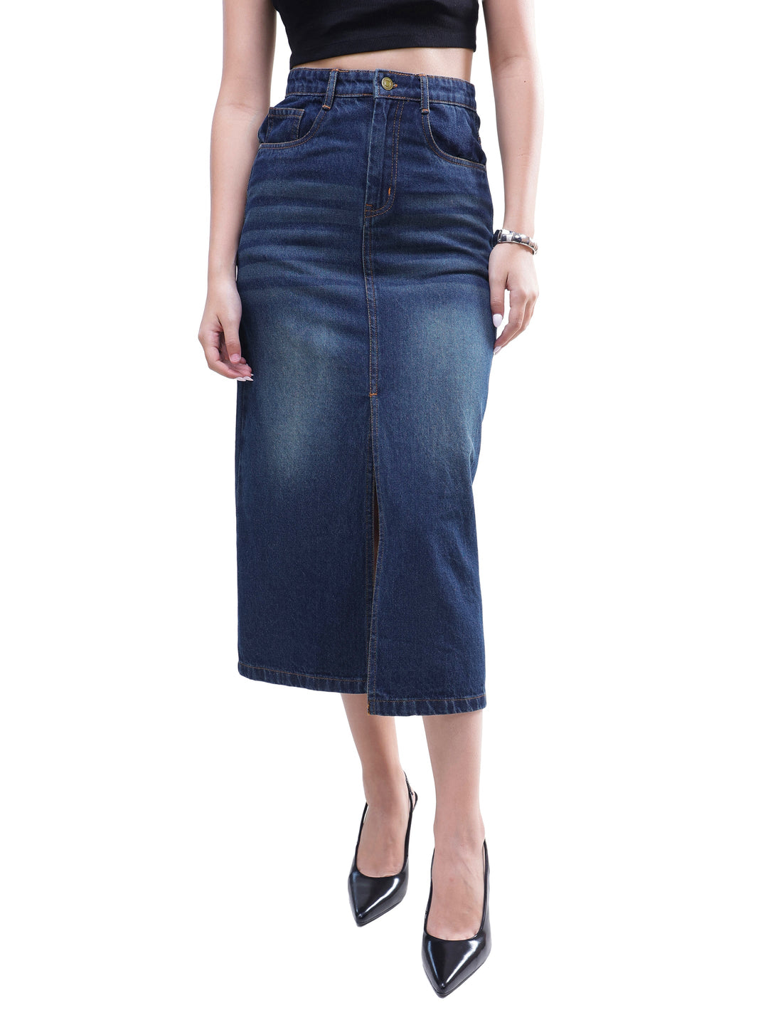 Women Blue Whisker Denim Front Slit Midi Skirt