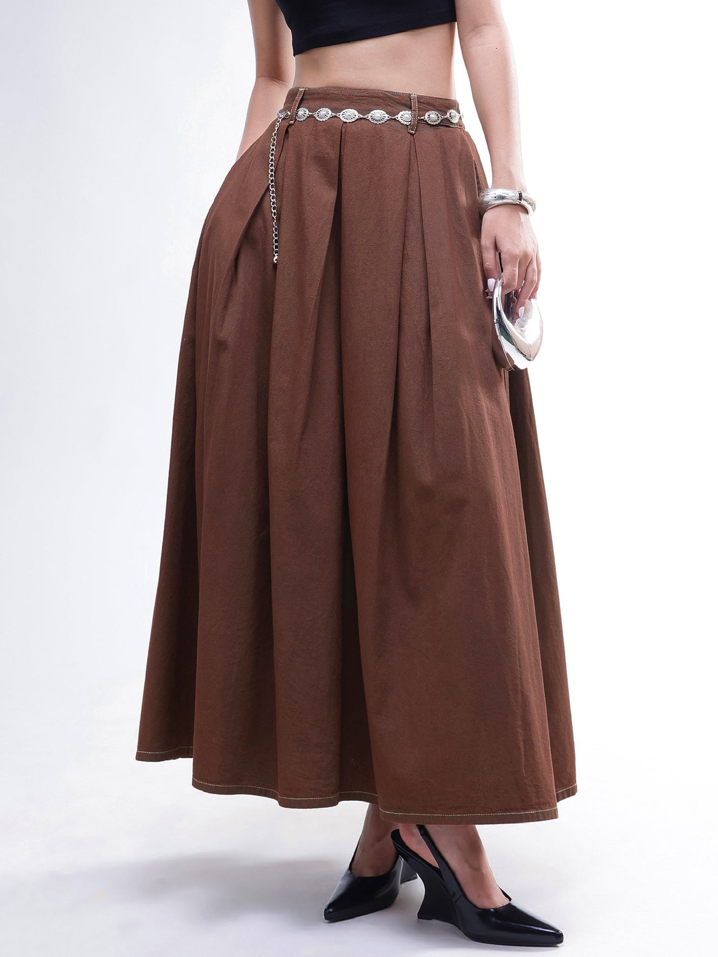 Women Brown Wash Denim Box Pleated Maxi Skirt