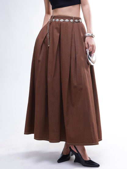 Women Brown Wash Denim Box Pleated Maxi Skirt