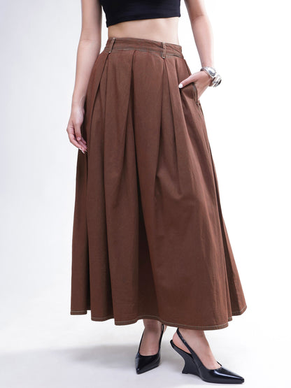 Women Brown Wash Denim Box Pleated Maxi Skirt