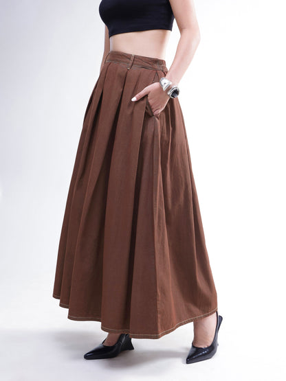 Women Brown Wash Denim Box Pleated Maxi Skirt