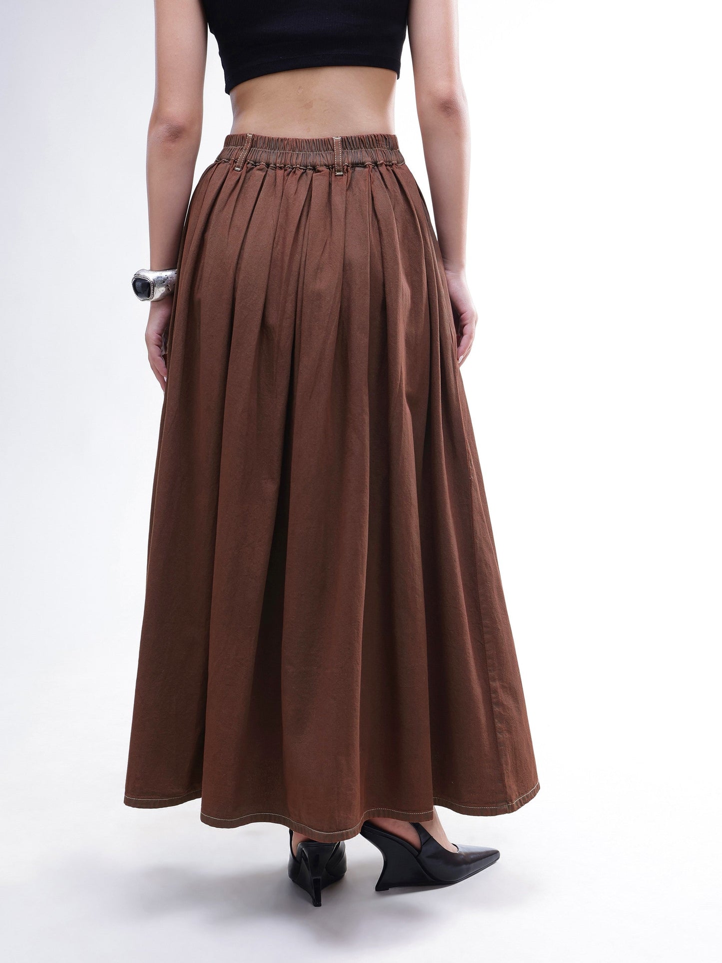 Women Brown Wash Denim Box Pleated Maxi Skirt