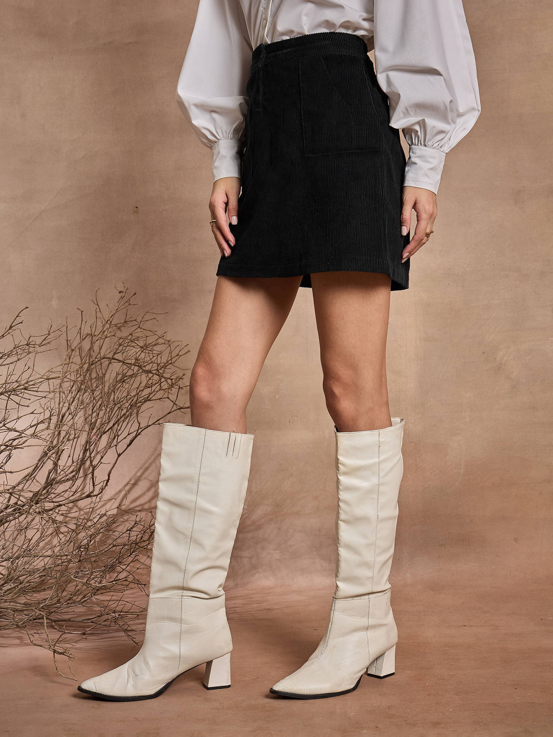 Women Black Corduroy Paper Bag Waist Mini Skirt