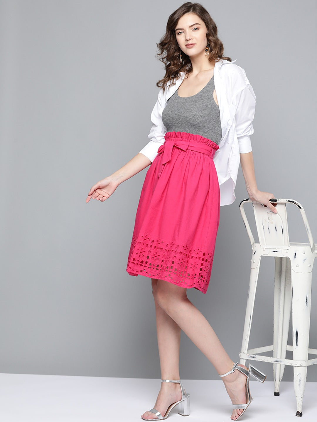 Fuchsia Schiffli Flared Midi Skirt