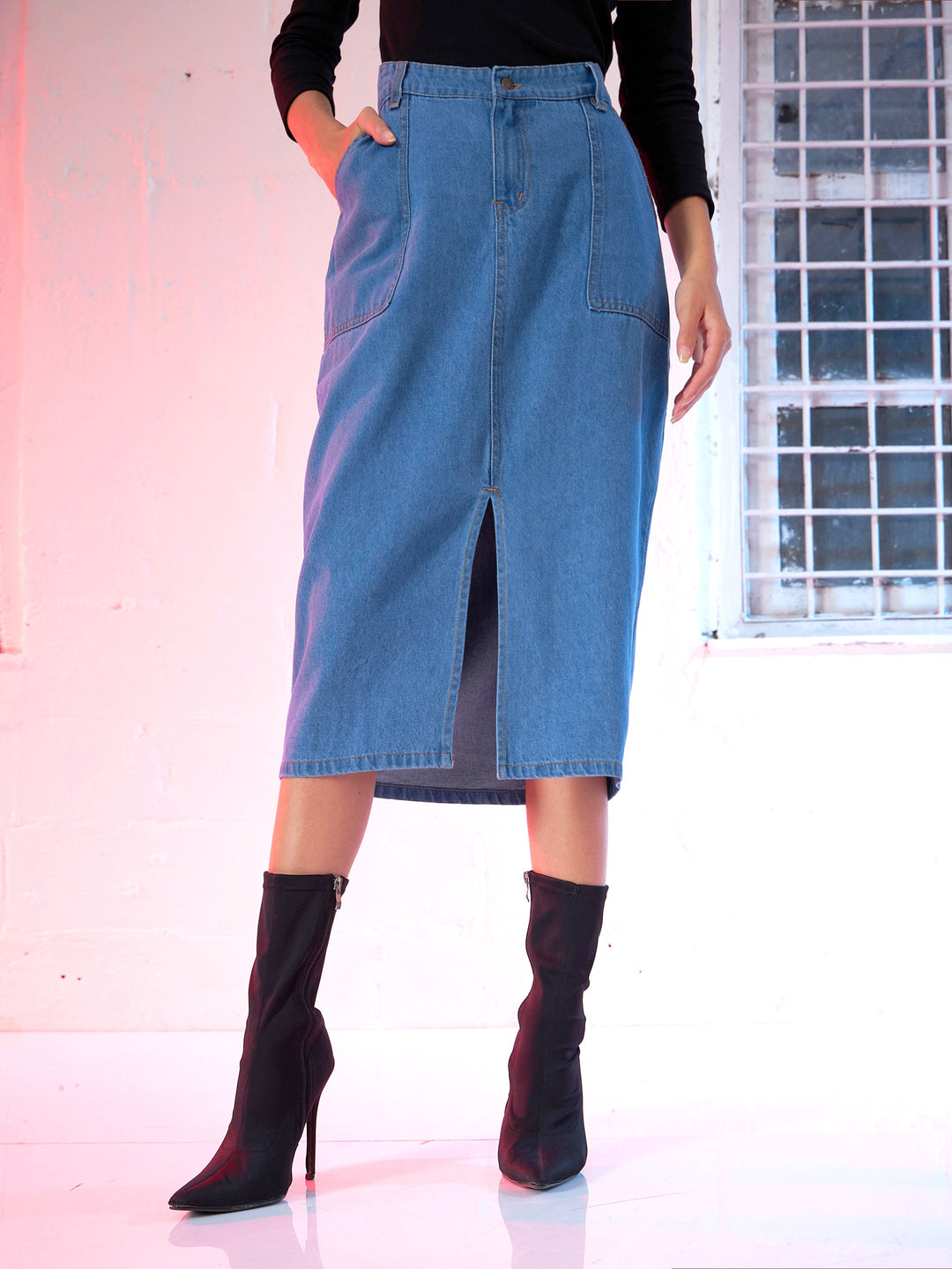 Women's Women Blue Denim Front Slit Skirt in Cotton by Sassafras for wholesale, bulk, supplier, manufacturer and wholesaler buyers from Trendphoria