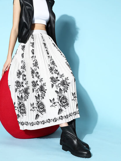 Grey Floral Print Pleated Skirt
