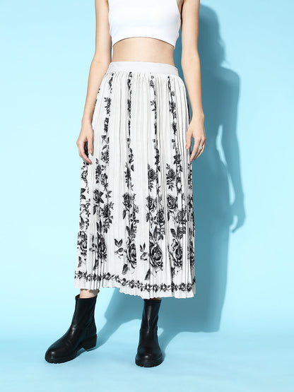 Grey Floral Print Pleated Skirt