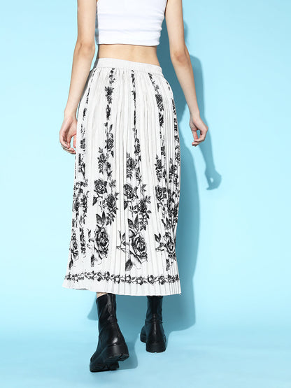 Grey Floral Print Pleated Skirt