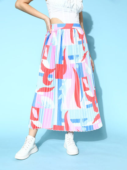 Multicolour Pink Abstract Print Pleated Skirt
