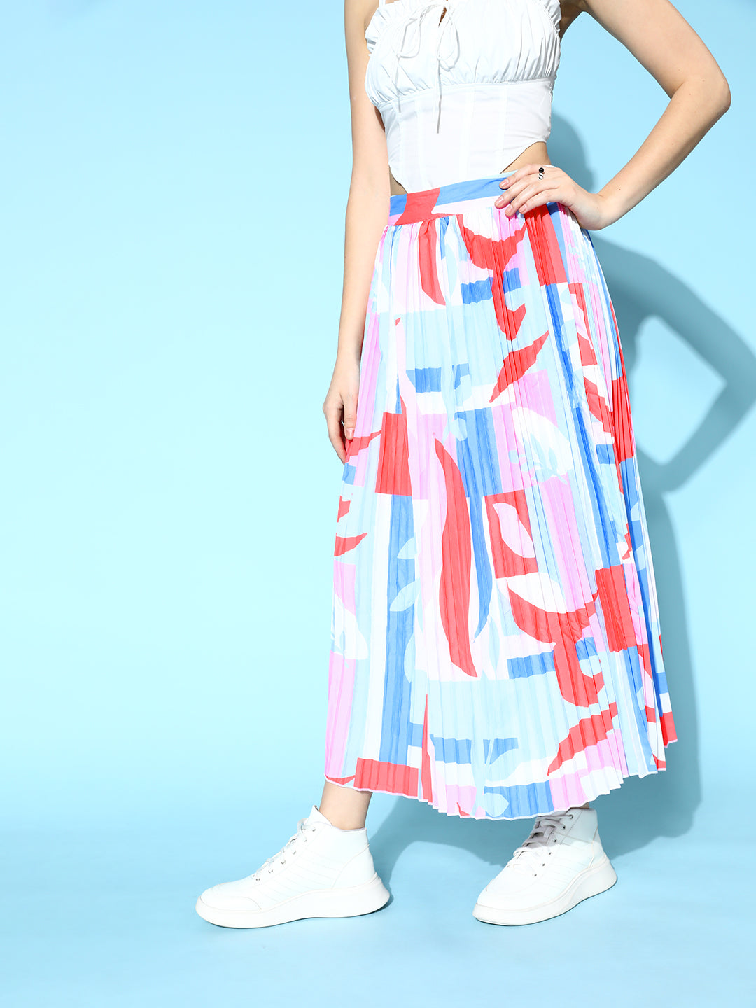 Multicolour Pink Abstract Print Pleated Skirt