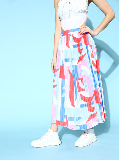 Multicolour Pink Abstract Print Pleated Skirt