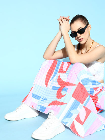 Multicolour Pink Abstract Print Pleated Skirt