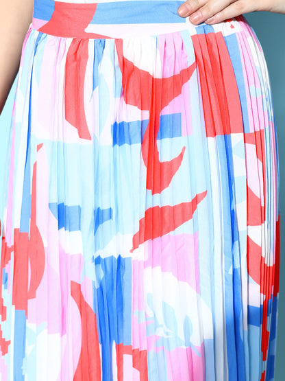 Multicolour Pink Abstract Print Pleated Skirt