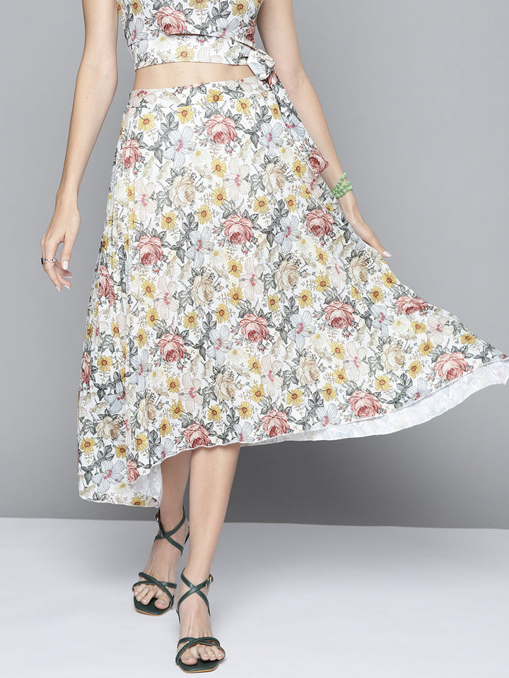 Women Off White Floral Asymmetric Pleated Skirt