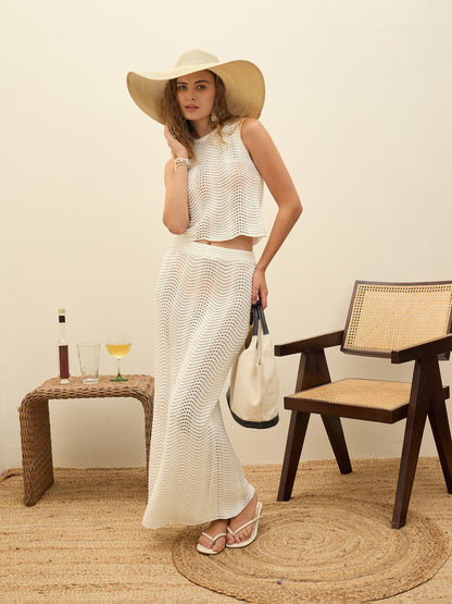 Women Off-White Crochet Straight Maxi Skirt