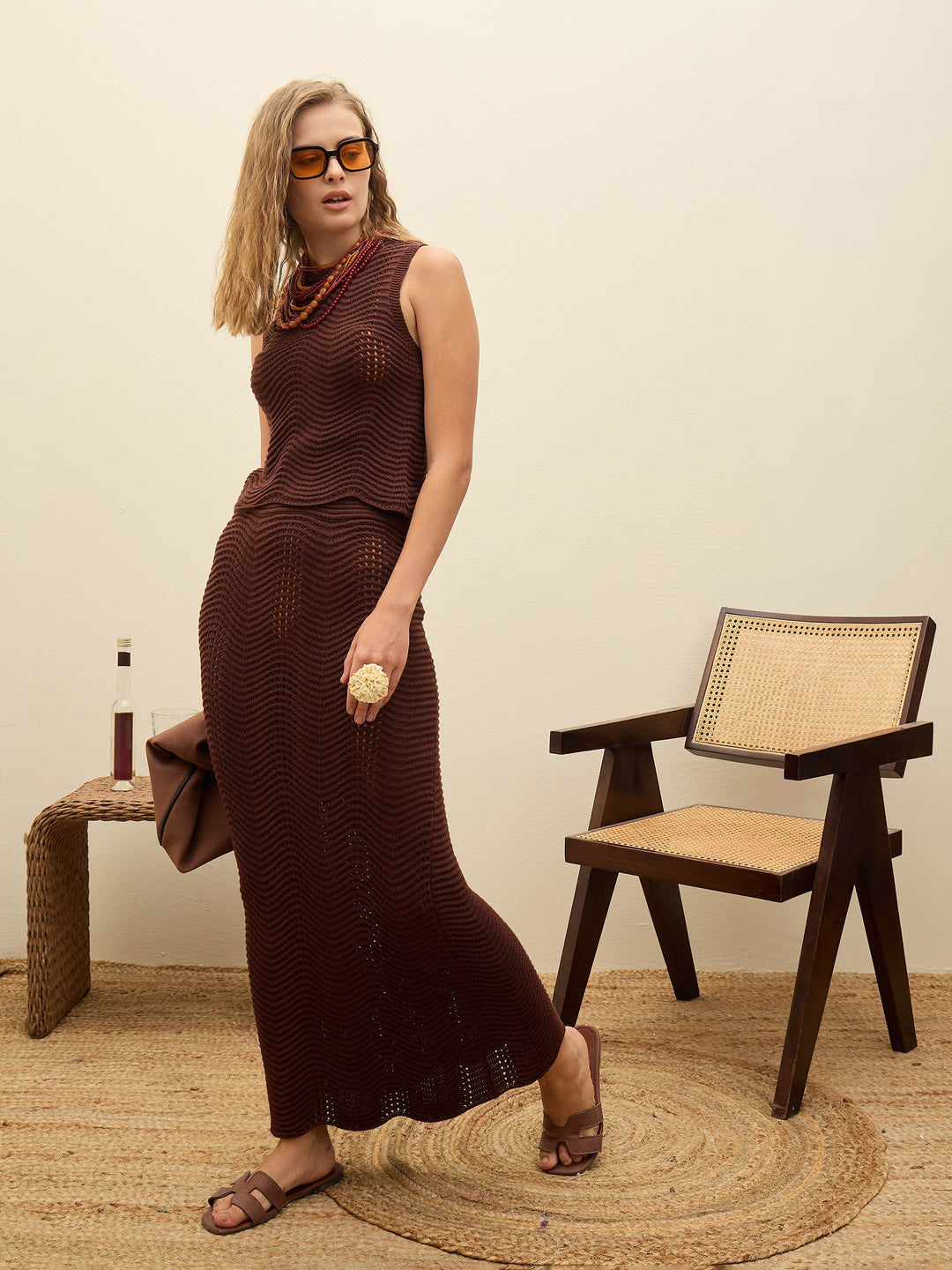 Women Brown Crochet Straight Maxi Skirt