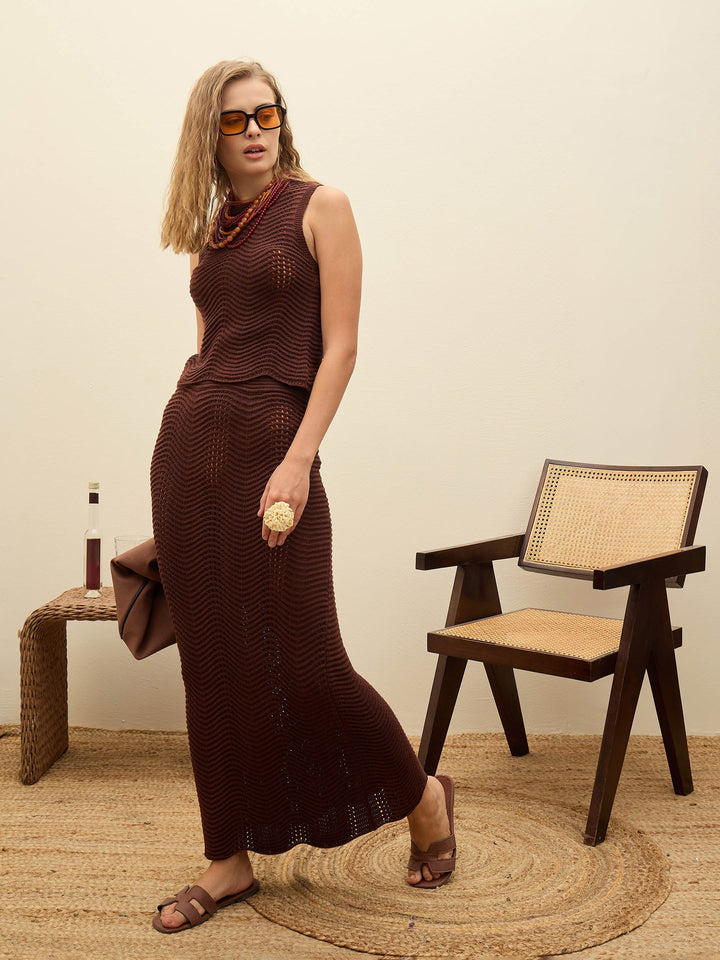 Women Brown Crochet Straight Maxi Skirt