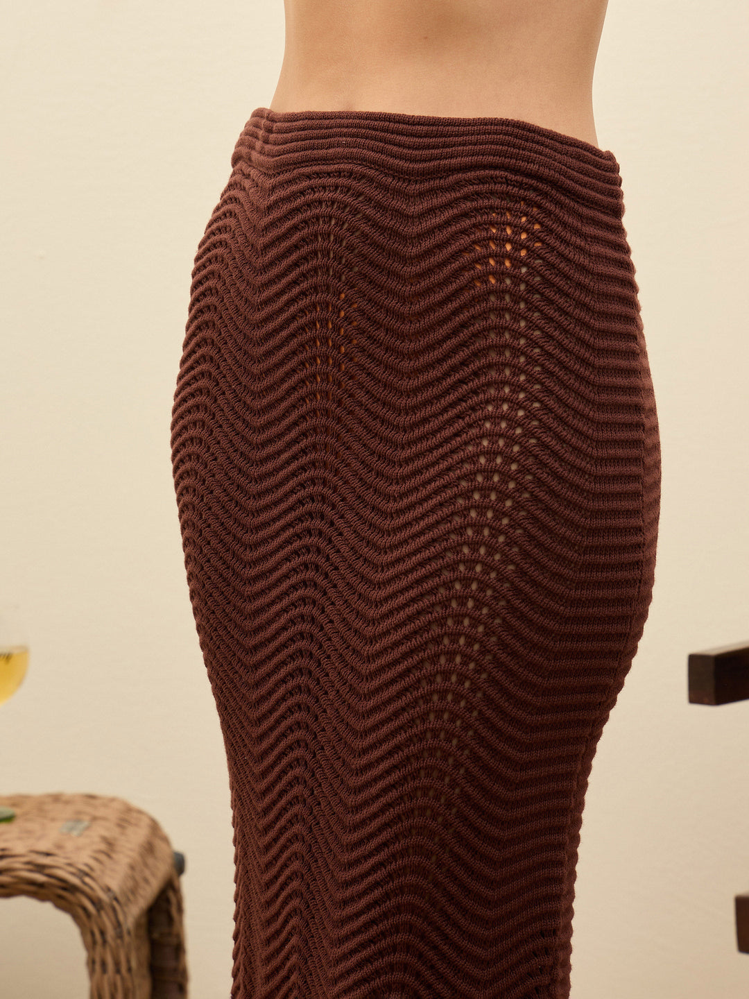 Women Brown Crochet Straight Maxi Skirt