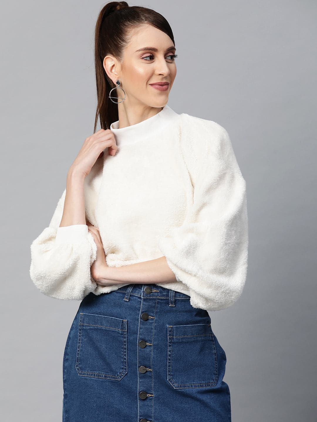 Women's White Balloon Sleeve Faux Fur Sweatshirt in Polyester by Sassafras for wholesale, bulk, supplier, manufacturer and wholesaler buyers from Trendphoria