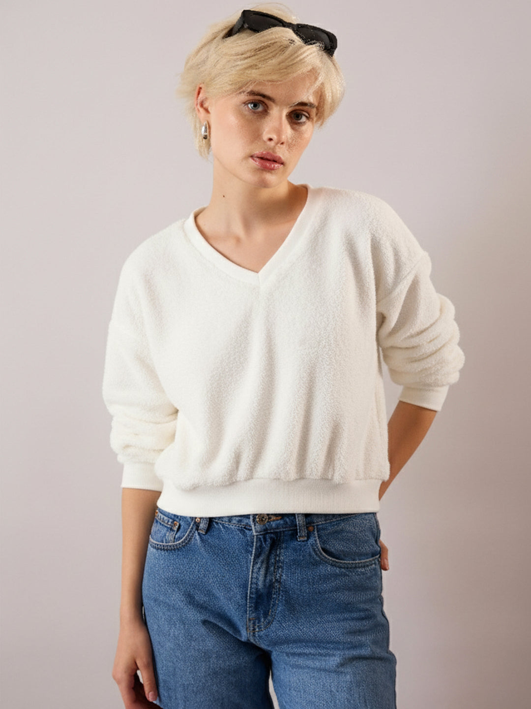 Women's Women White V-Neck Faux Fur Crop Sweatshirt in Polyester by Sassafras for wholesale, bulk, supplier, manufacturer and wholesaler buyers from Trendphoria