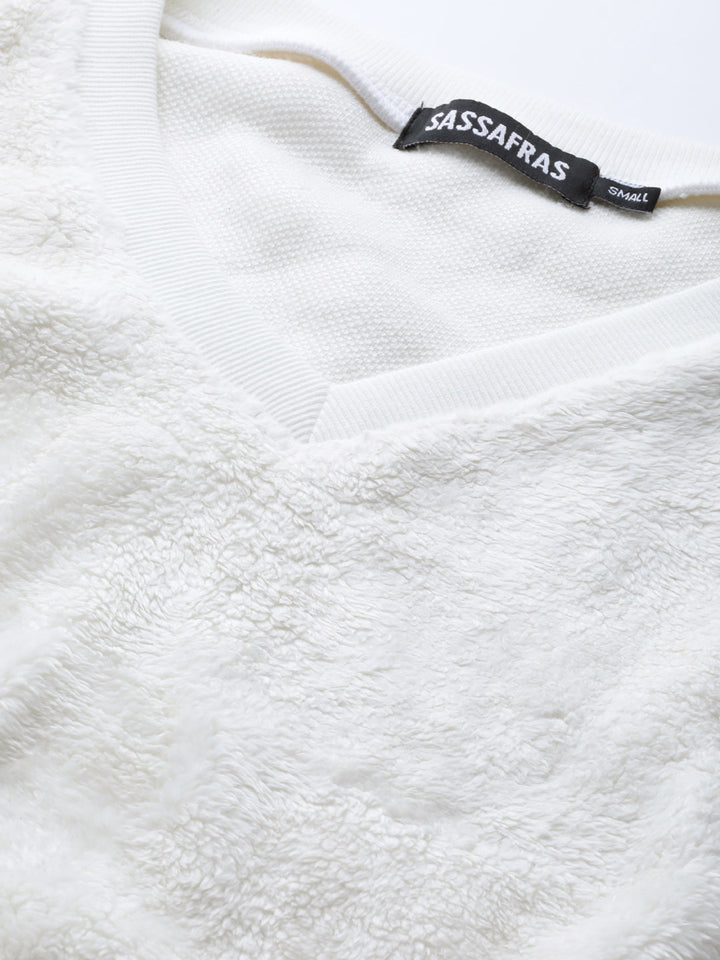 Women White V-Neck Faux Fur Crop Sweatshirt