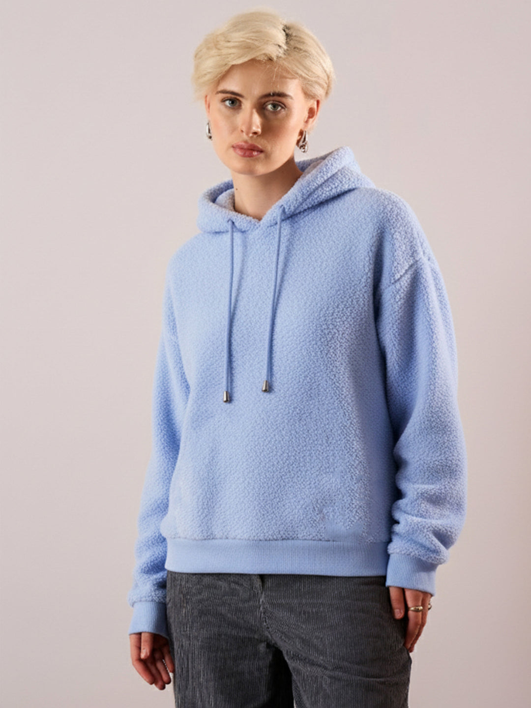 Women's Women Blue Hooded Faux Fur Sweatshirt in Polyester by Sassafras for wholesale, bulk, supplier, manufacturer and wholesaler buyers from Trendphoria