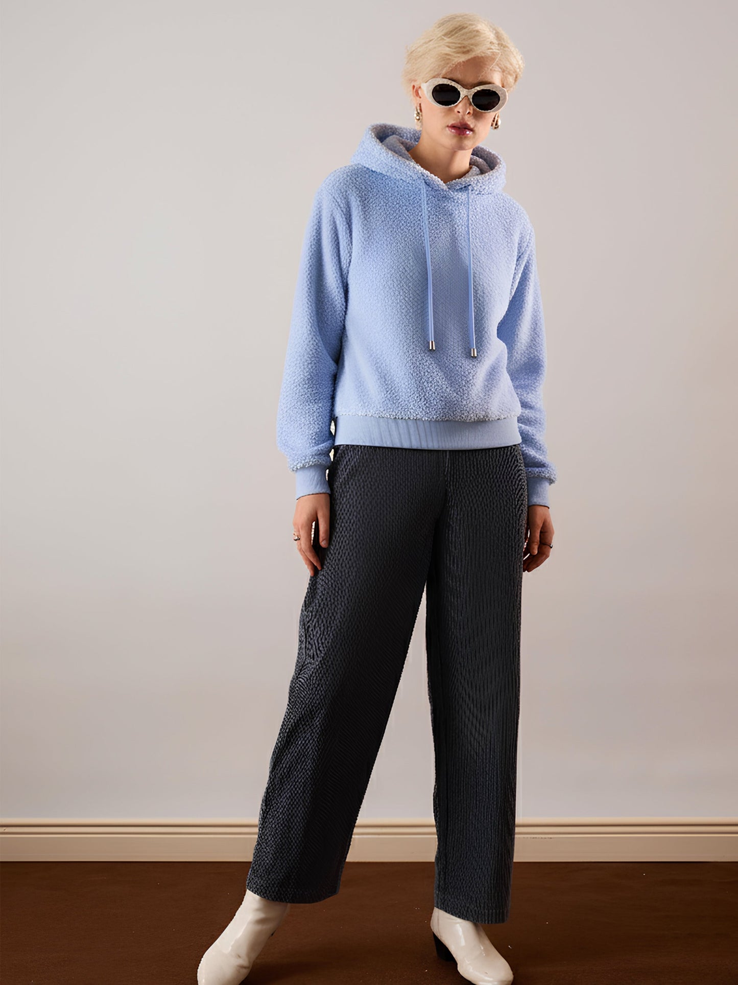 Women Blue Hooded Faux Fur Sweatshirt