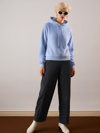 Women Blue Hooded Faux Fur Sweatshirt