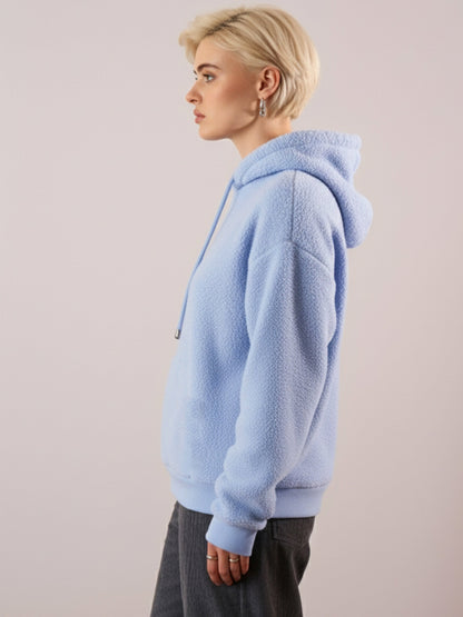 Women Blue Hooded Faux Fur Sweatshirt