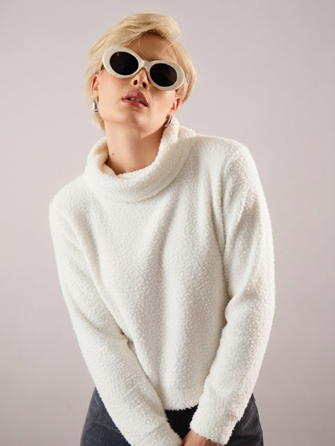 Women's Women White High Neck Faux Fur Sweatshirt in Polyester by Sassafras for wholesale, bulk, supplier, manufacturer and wholesaler buyers from Trendphoria