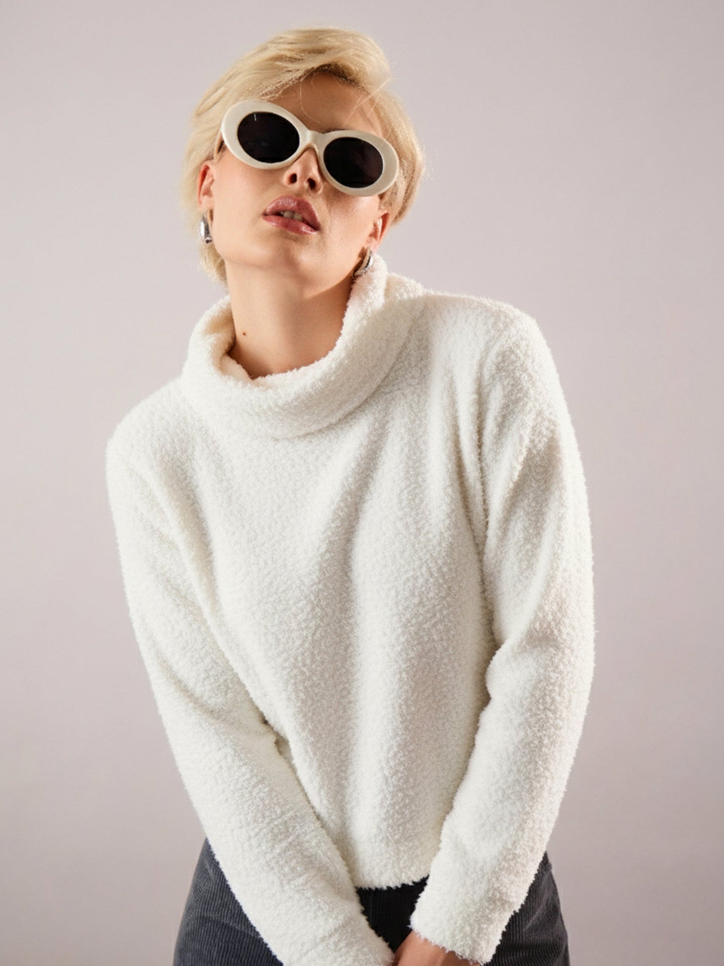 Women White High Neck Faux Fur Sweatshirt