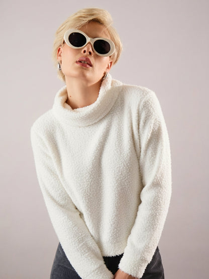 Women White High Neck Faux Fur Sweatshirt