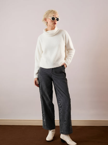 Women White High Neck Faux Fur Sweatshirt