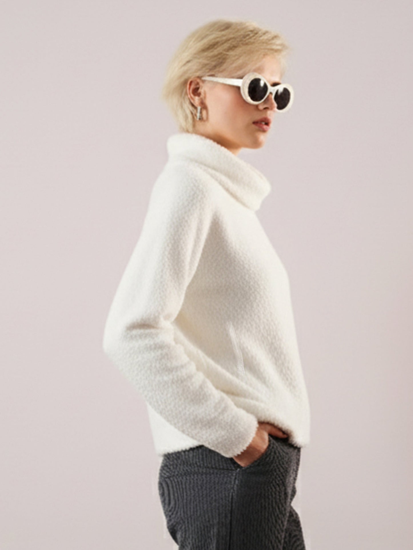 Women White High Neck Faux Fur Sweatshirt