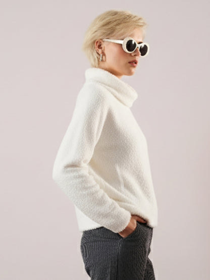 Women White High Neck Faux Fur Sweatshirt