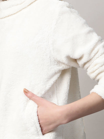 Women White High Neck Faux Fur Sweatshirt