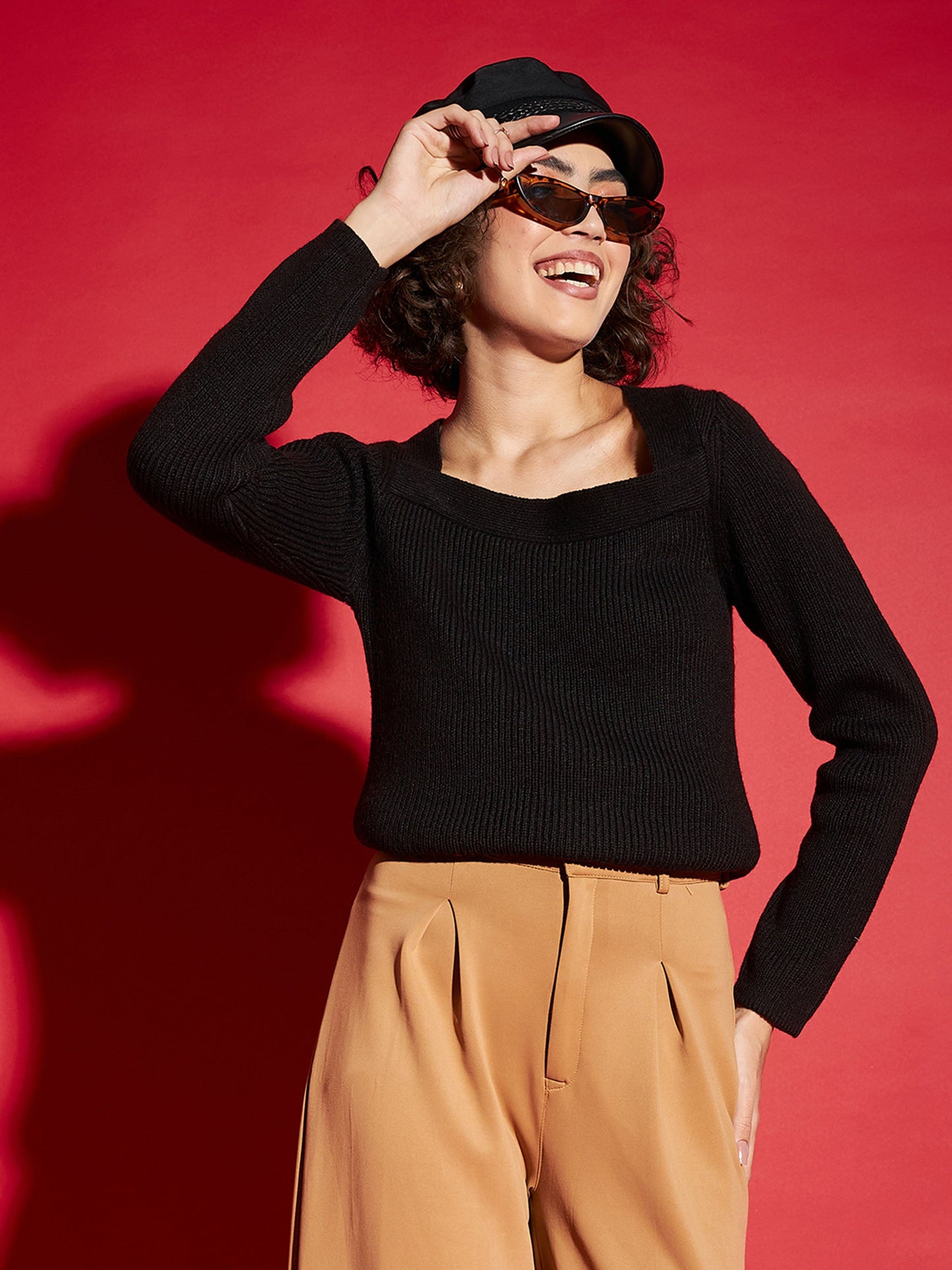 Women Black Rib Square Neck Full Sleeves Sweater