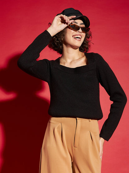 Women Black Rib Square Neck Full Sleeves Sweater