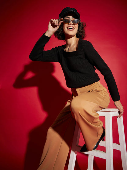 Women Black Rib Square Neck Full Sleeves Sweater