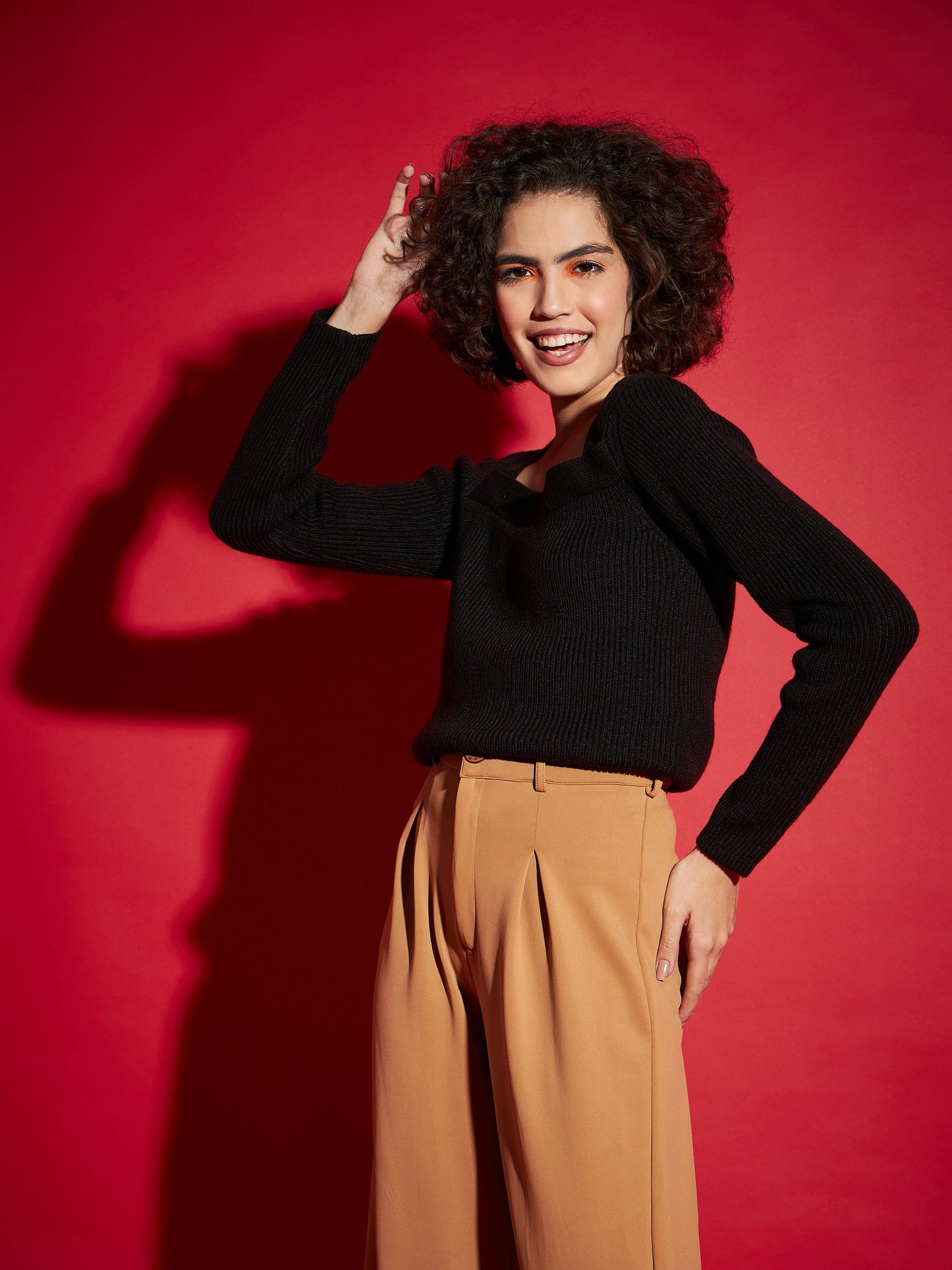 Women Black Rib Square Neck Full Sleeves Sweater