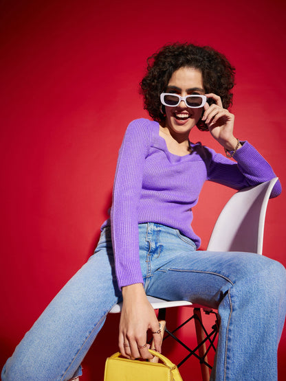 Women Lavender Rib Square Neck Full Sleeves Sweater