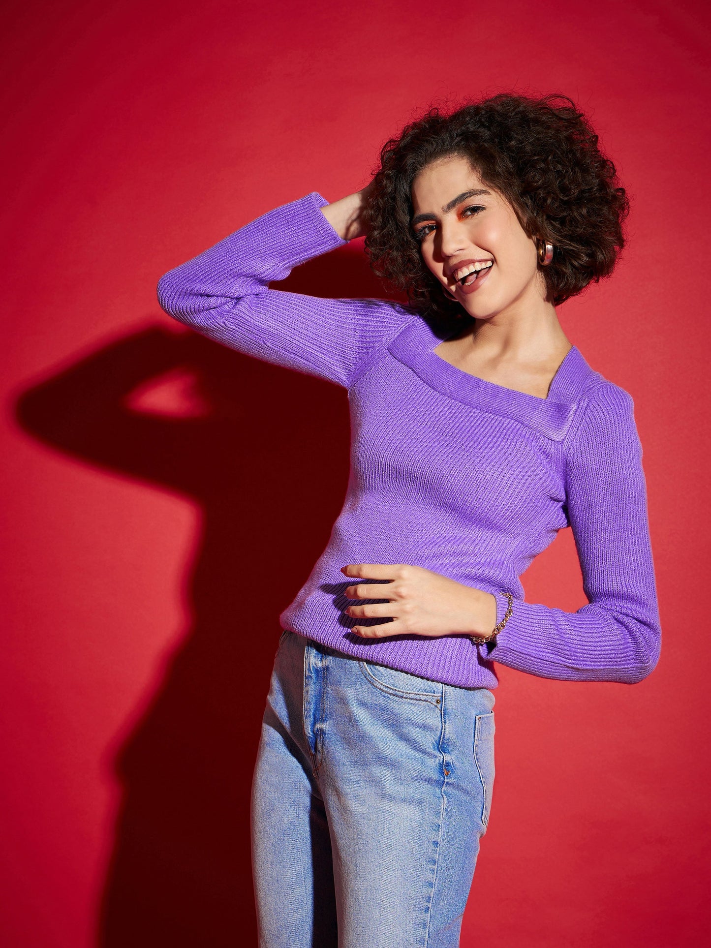 Women Lavender Rib Square Neck Full Sleeves Sweater