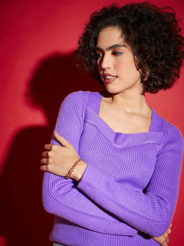 Women Lavender Rib Square Neck Full Sleeves Sweater