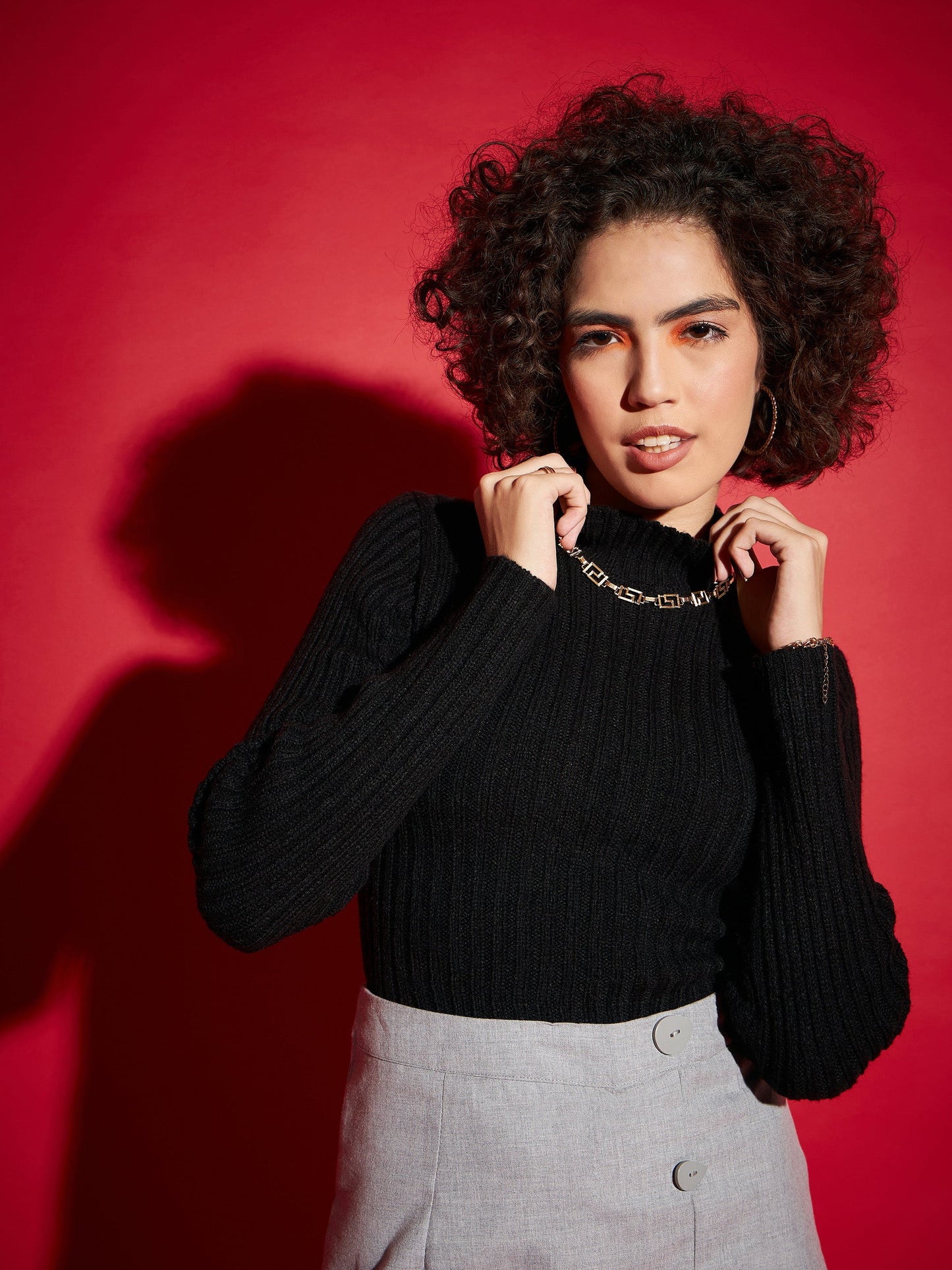 Women's Women Black Rib High Neck Full Sleeves Sweater in Viscose Poly Rib by Sassafras for wholesale, bulk, supplier, manufacturer and wholesaler buyers from Trendphoria