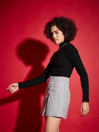 Women Black Rib High Neck Full Sleeves Sweater