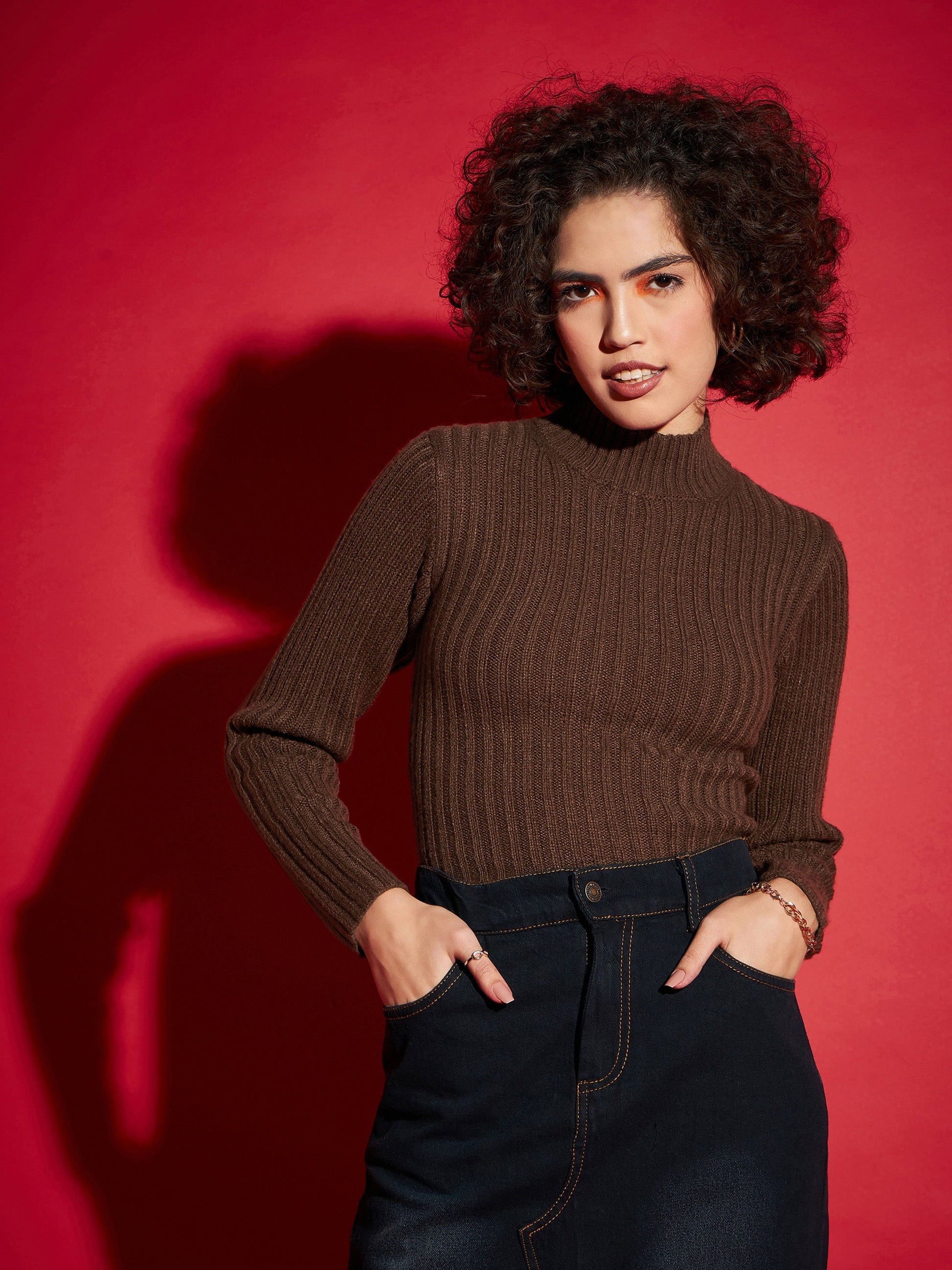 Women's Women Brown Rib High Neck Full Sleeves Sweater in Viscose Poly Rib by Sassafras for wholesale, bulk, supplier, manufacturer and wholesaler buyers from Trendphoria