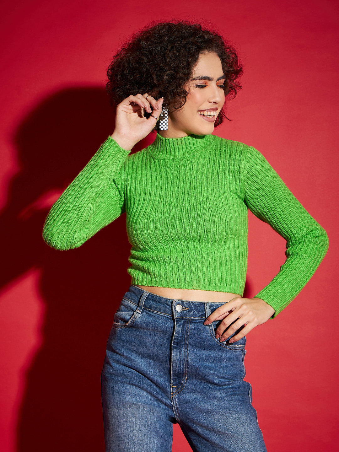 Women's Women Green Rib High Neck Full Sleeves Sweater in Viscose Poly Rib by Sassafras for wholesale, bulk, supplier, manufacturer and wholesaler buyers from Trendphoria